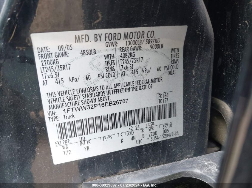 2006 Ford F350 Super Duty VIN: 1FTWW32P16EB26707 Lot: 39929697