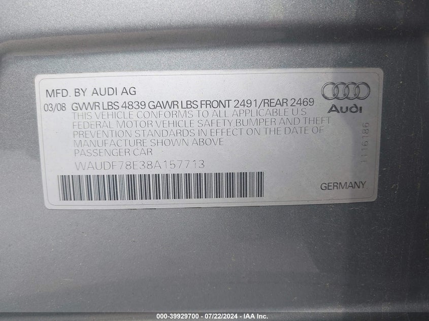 2008 Audi A4 2.0T/2.0T Special Edition VIN: WAUDF78E38A157713 Lot: 39929700