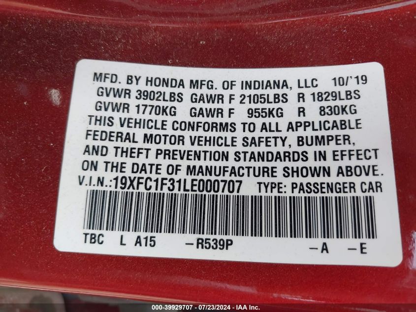 2020 Honda Civic Ex VIN: 19XFC1F31LE000707 Lot: 39929707
