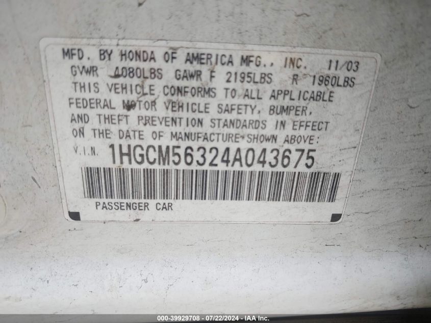 2004 Honda Accord 2.4 Lx VIN: 1HGCM56324A043675 Lot: 39929708