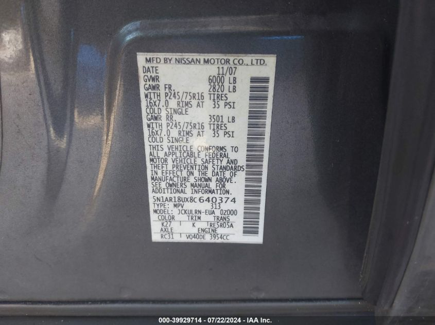 2008 Nissan Pathfinder S VIN: 5N1AR18UX8C640374 Lot: 39929714