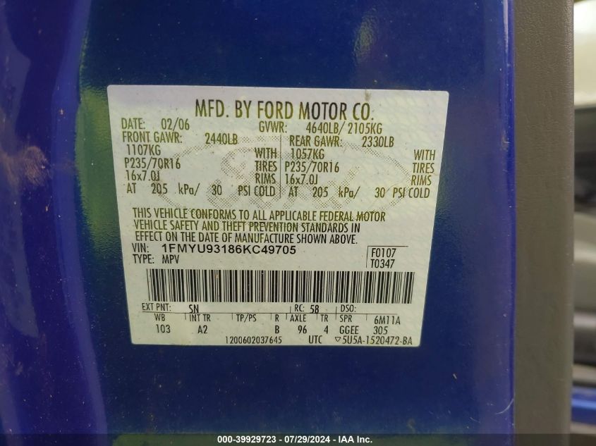 2006 Ford Escape Xlt/Xlt Sport VIN: 1FMYU93186KC49705 Lot: 39929723