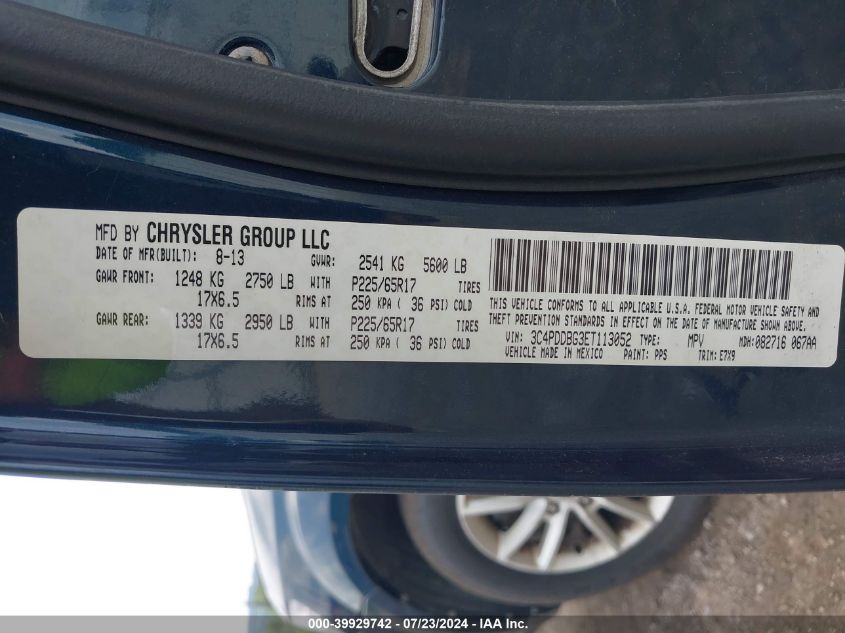 2014 Dodge Journey Sxt VIN: 3C4PDDBG3ET113052 Lot: 39929742