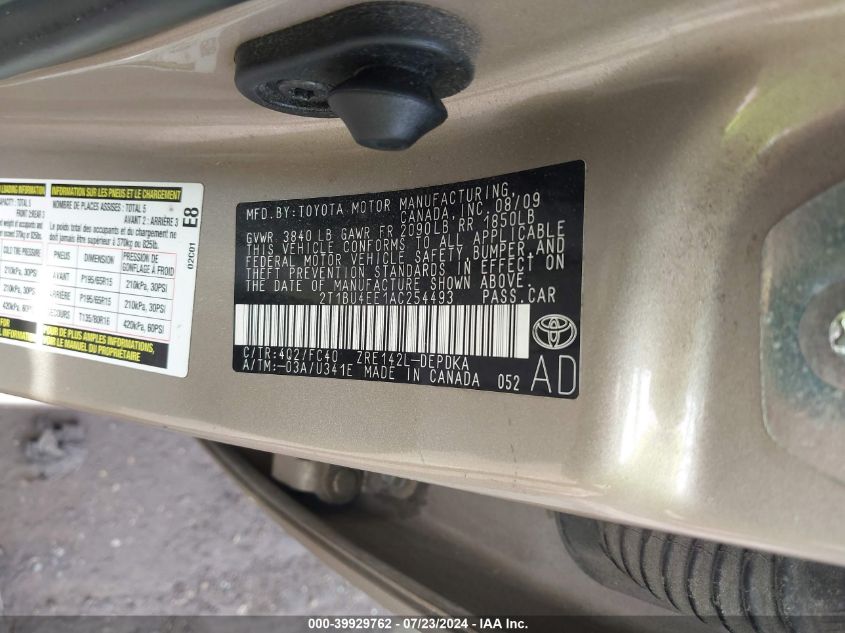 2010 Toyota Corolla S/Le/Xle VIN: 2T1BU4EE1AC254493 Lot: 39929762