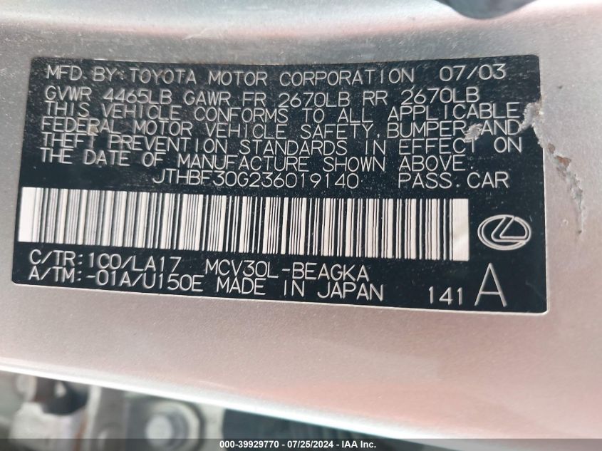 2003 Lexus Es 300 VIN: JTHBF30G23601914 Lot: 39929770