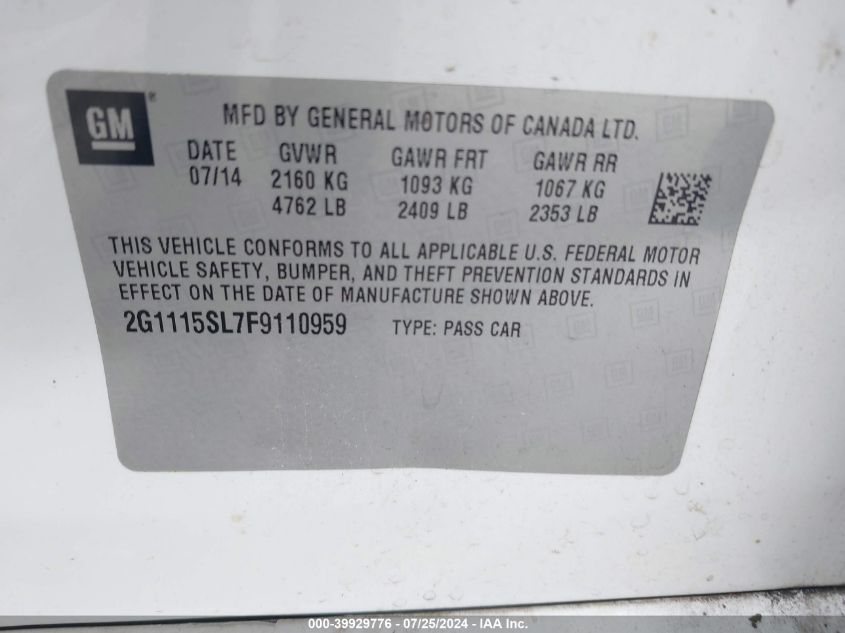 2015 Chevrolet Impala Lt VIN: 2G1115SL7F9110959 Lot: 39929776