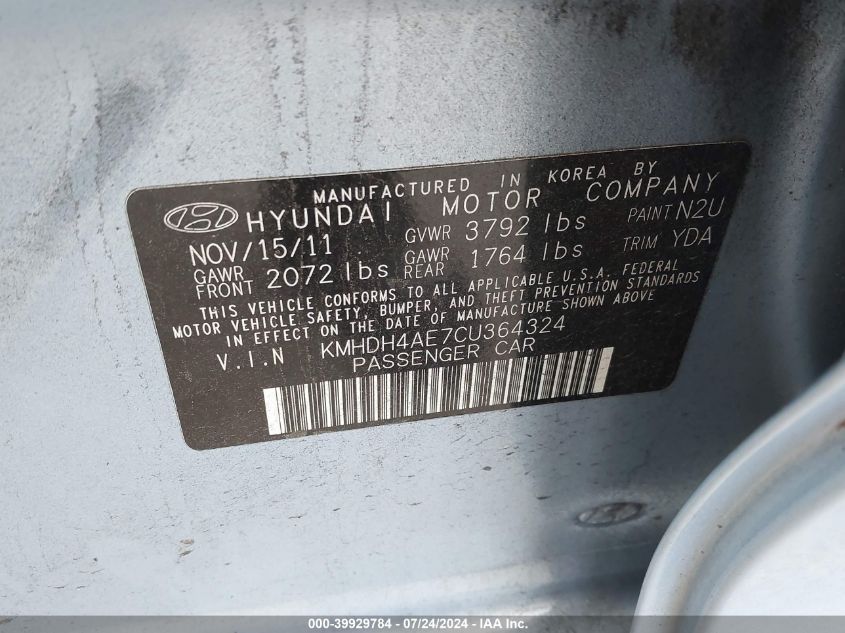 2012 Hyundai Elantra Limited (Ulsan Plant) VIN: KMHDH4AE7CU364324 Lot: 39929784