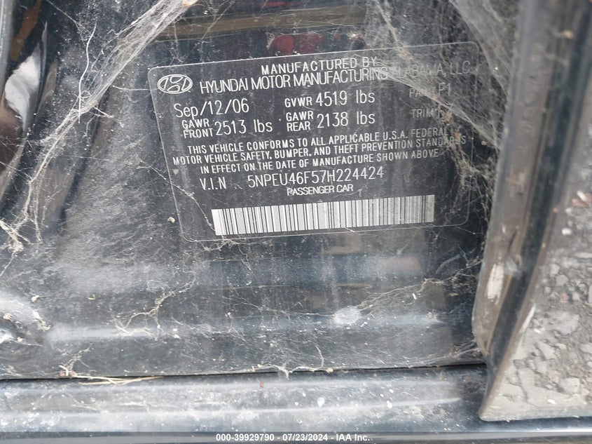 2007 Hyundai Sonata Limited/Se V6 VIN: 5NPEU46F57H224424 Lot: 39929790