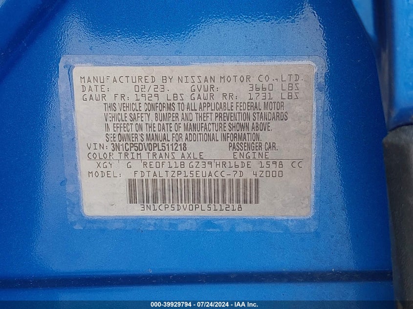 2023 Nissan Kicks Sr Xtronic Cvt VIN: 3N1CP5DV0PL511218 Lot: 39929794