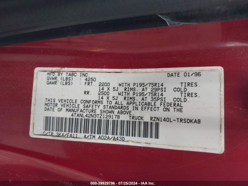1996 Toyota Tacoma VIN: 4TANL42N3TZ129178 Lot: 39929796