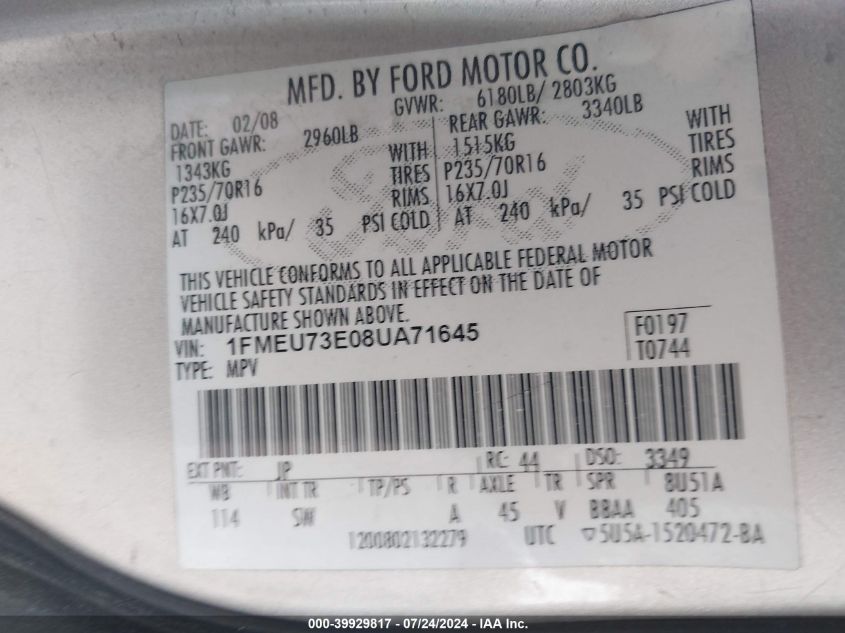 2008 Ford Explorer Xlt VIN: 1FMEU73E08UA71645 Lot: 39929817