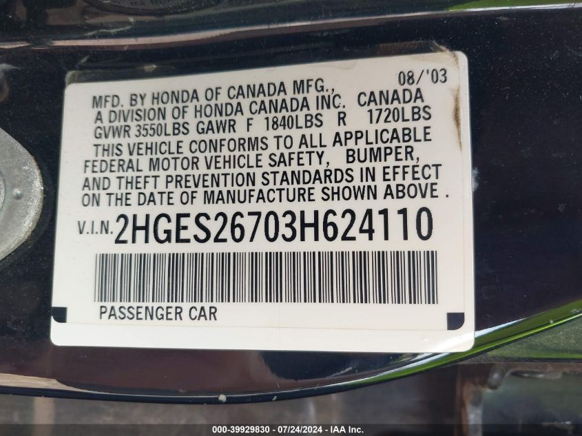 2003 Honda Civic Ex VIN: 2HGES26703H624110 Lot: 39929830