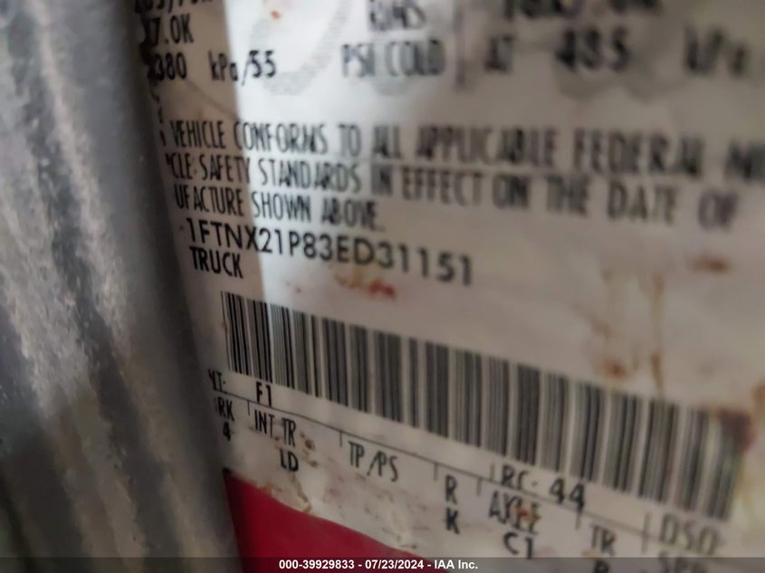 2003 Ford F-250 Lariat/Xl/Xlt VIN: 1FTNX21P83ED31151 Lot: 39929833