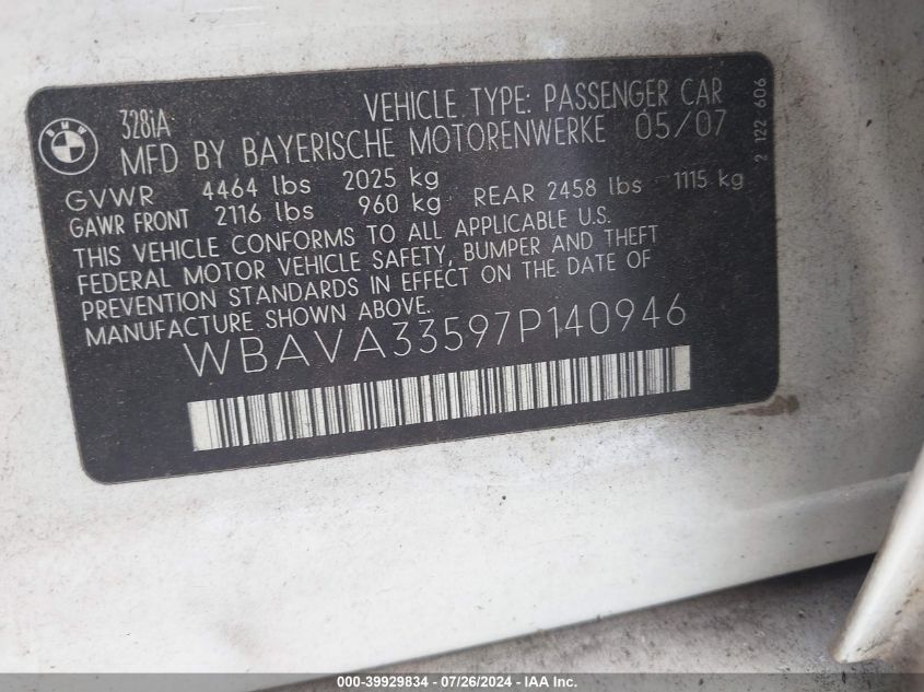 2007 BMW 328I VIN: WBAVA33597P140946 Lot: 39929834