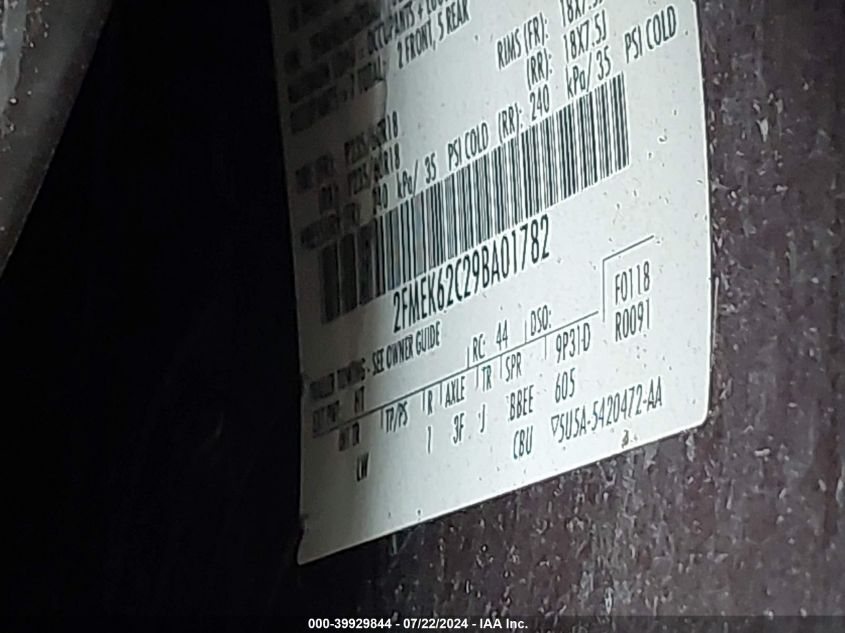 2009 Ford Flex Sel VIN: 2FMEK62C29BA01782 Lot: 39929844