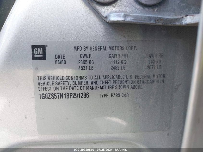 2008 Saturn Aura VIN: 1T8ZF57N18F291286 Lot: 39929860