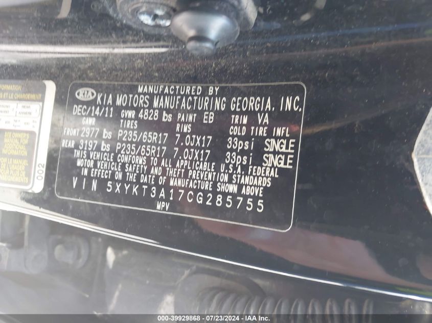 2012 Kia Sorento Lx VIN: 5XYKT3A17CG285755 Lot: 39929868