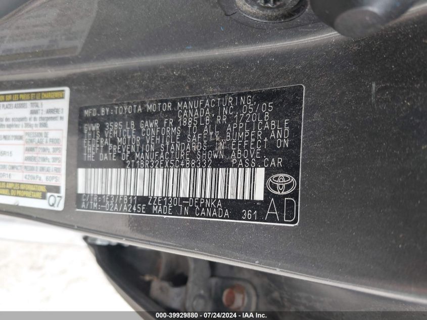 2005 Toyota Corolla Le VIN: 2T1BR32EX5C488332 Lot: 39929880