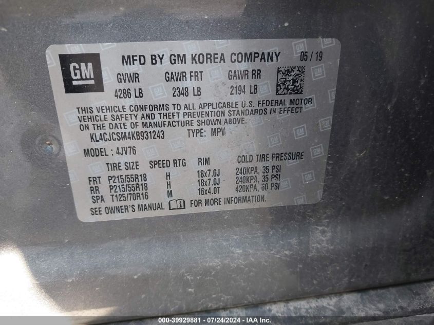 2019 Buick Encore Essence VIN: KL4CJCSM4KB931243 Lot: 39929881