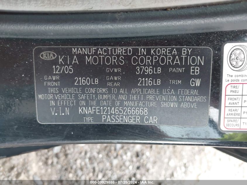 2006 Kia Spectra Ex/Lx/Sx VIN: KNAFE121465266668 Lot: 39929888