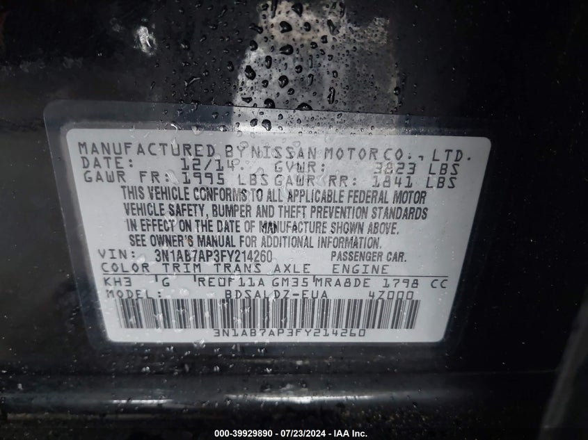 2015 Nissan Sentra Fe+ S/S/Sl/Sr/Sv VIN: 3N1AB7AP3FY214260 Lot: 39929890