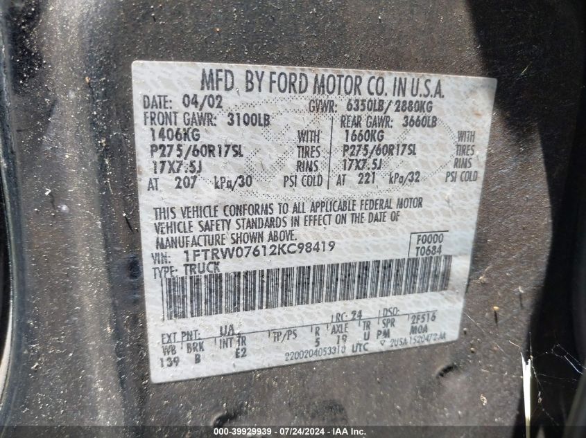 2002 Ford F150 Supercrew VIN: 1FTRW07612KC98419 Lot: 39929939