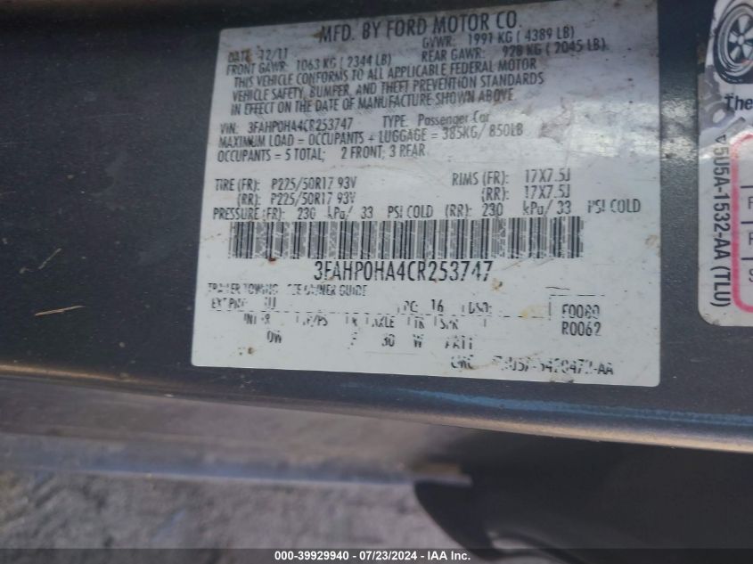 2012 Ford Fusion Se VIN: 3FAHP0HA4CR253747 Lot: 39929940