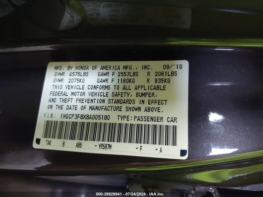 2011 Honda Accord 3.5 Ex-L VIN: 1HGCP3F8XBA005180 Lot: 39929941