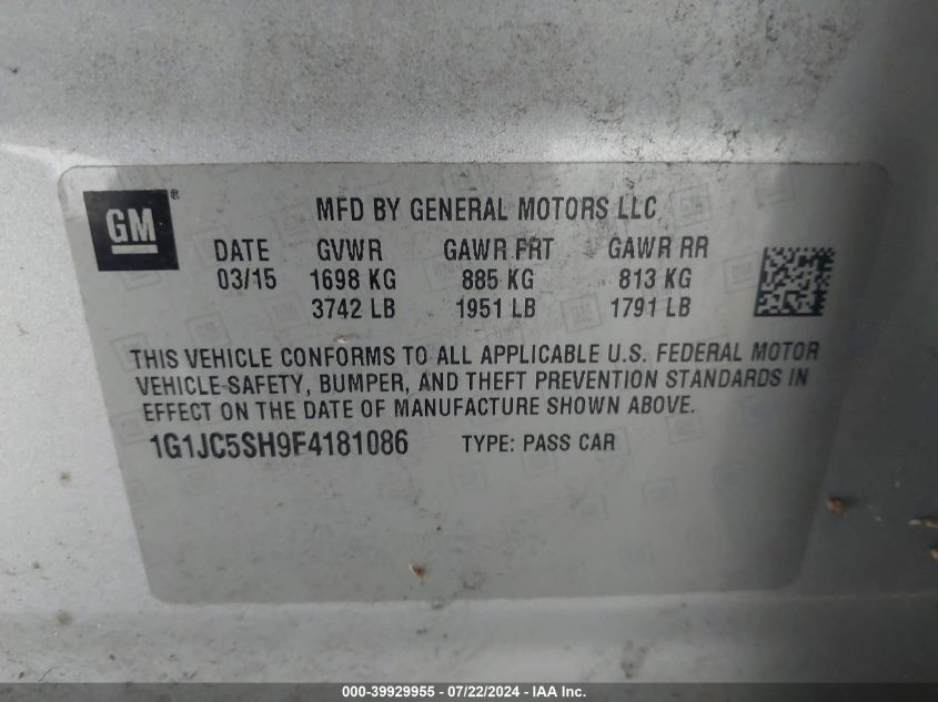 2015 Chevrolet Sonic Lt Auto VIN: 1G1JC5SH9F4181086 Lot: 39929955