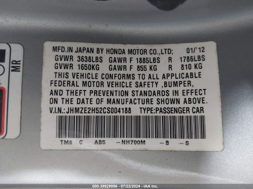 2012 Honda Insight Lx VIN: JHMZE2H52CS004188 Lot: 39929956