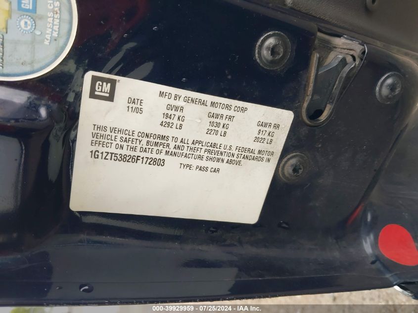 2006 Chevrolet Malibu Lt VIN: 1G1ZT53826F172803 Lot: 39929959