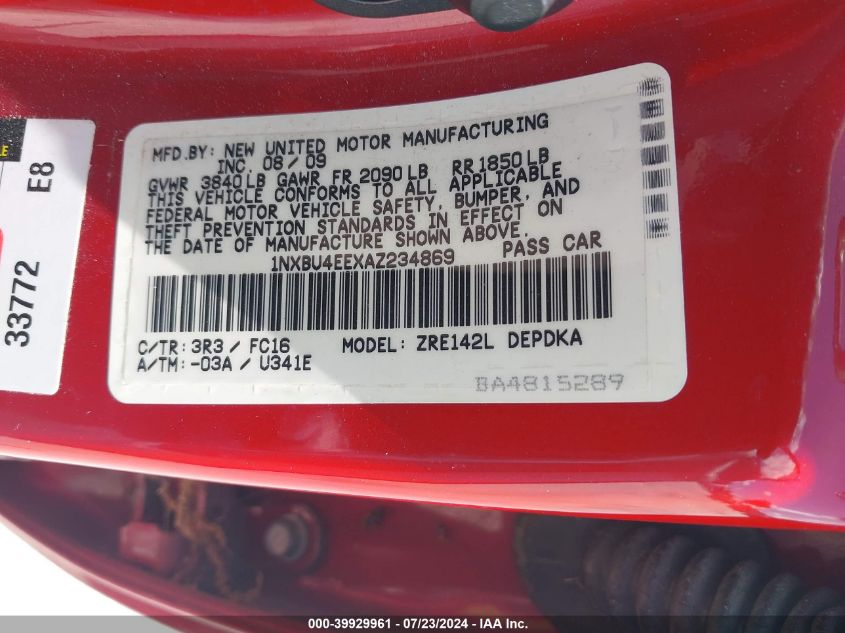 2010 Toyota Corolla Le VIN: 1NXBU4EEXAZ234869 Lot: 39929961