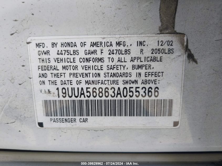 2003 Acura 3.2Tl Type-S VIN: 19UUA56863A055366 Lot: 39929962