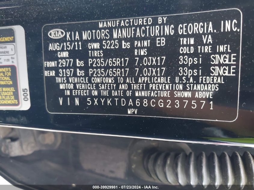2012 Kia Sorento Lx VIN: 5XYKTDA68CG237571 Lot: 39929981
