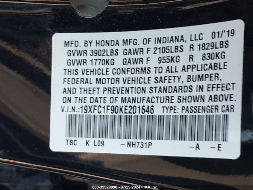 2019 Honda Civic Touring VIN: 19XFC1F90KE201646 Lot: 39929990