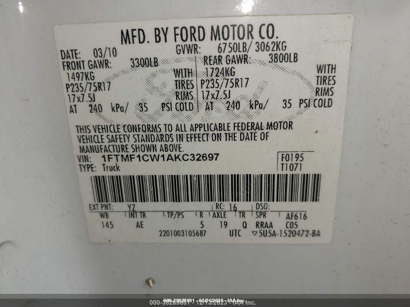 2010 Ford F-150 Stx/Xl/Xl W/Mid-Box Prep/Xlt/Xlt W/Mid-Box Prep VIN: 1FTMF1CW1AKC32697 Lot: 39929991