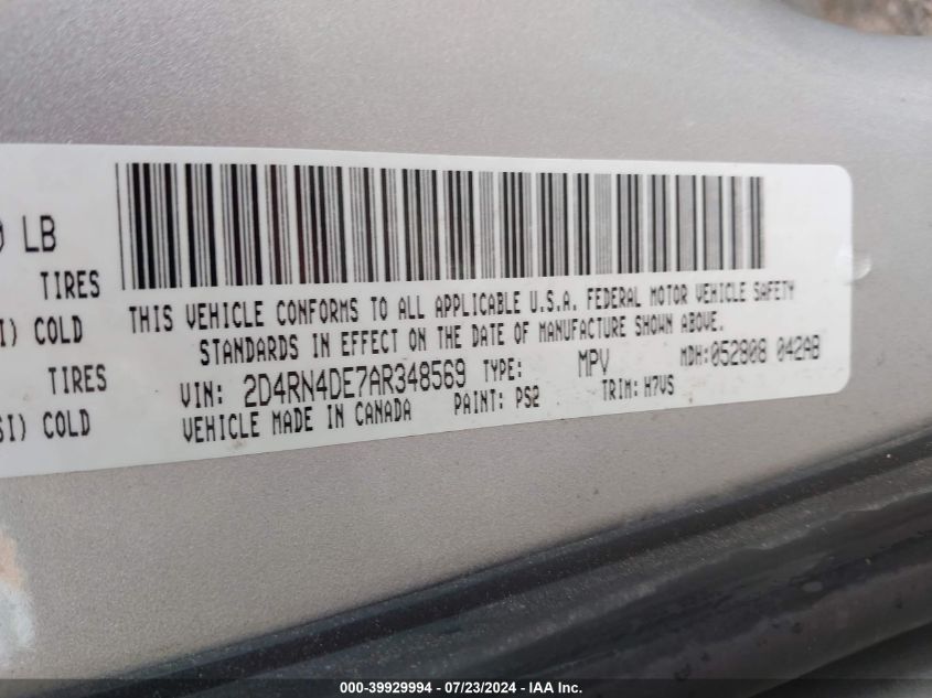 2010 Dodge Grand Caravan Se VIN: 2D4RN4DE7AR348569 Lot: 39929994