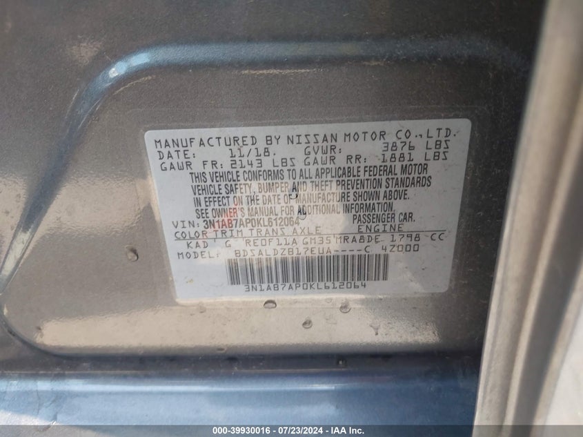 2019 Nissan Sentra Sv VIN: 3N1AB7AP0KL612064 Lot: 39930016