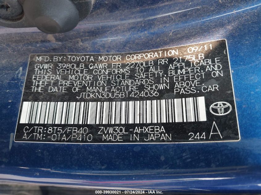 2011 Toyota Prius VIN: JTDKN3DU5B1424036 Lot: 39930021