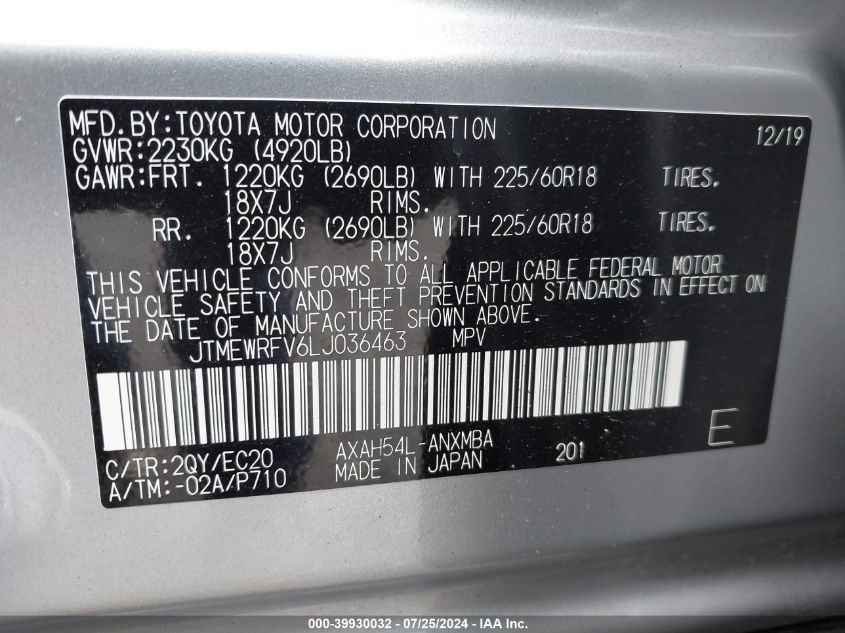 2020 Toyota Rav4 Hybrid Xse VIN: JTMEWRFV6LJ036463 Lot: 39930032