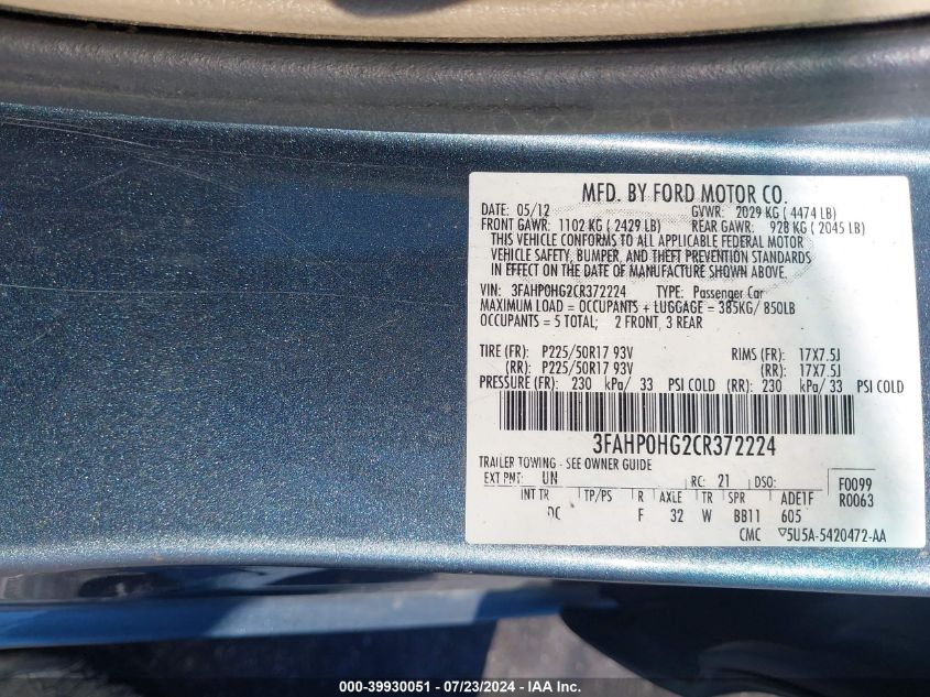 2012 Ford Fusion Se VIN: 3FAHP0HG2CR372224 Lot: 39930051