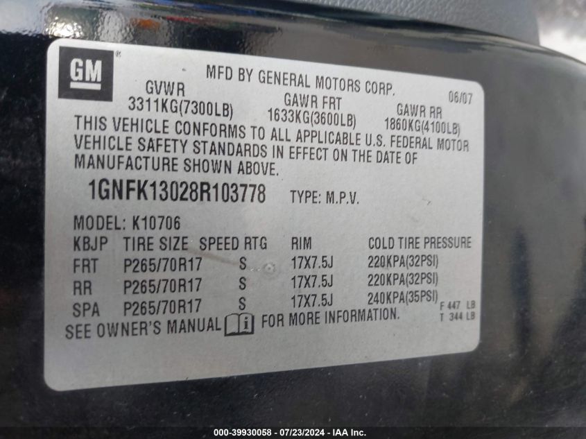 2008 Chevrolet Tahoe Lt VIN: 1GNFK13028R103778 Lot: 39930058