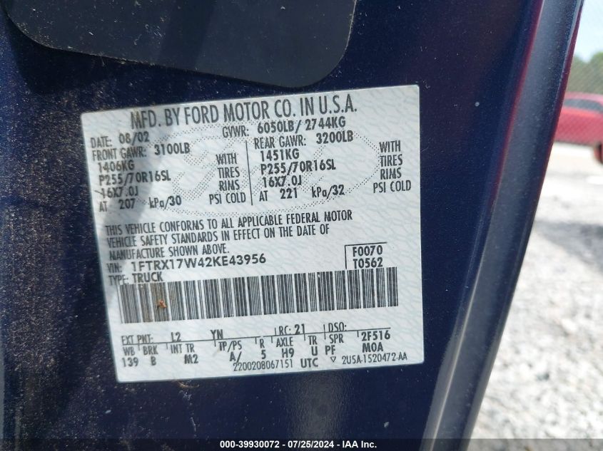 2002 Ford F-150 King Ranch/Lariat/Xl/Xlt VIN: 1FTRX17W42KE43956 Lot: 39930072