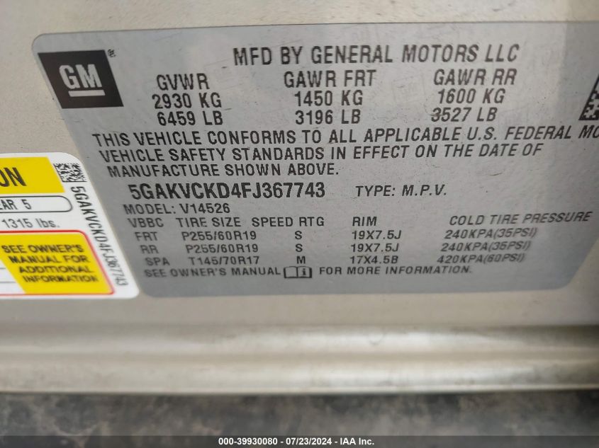 2015 Buick Enclave Premium VIN: 5GAKVCKD4FJ367743 Lot: 39930080