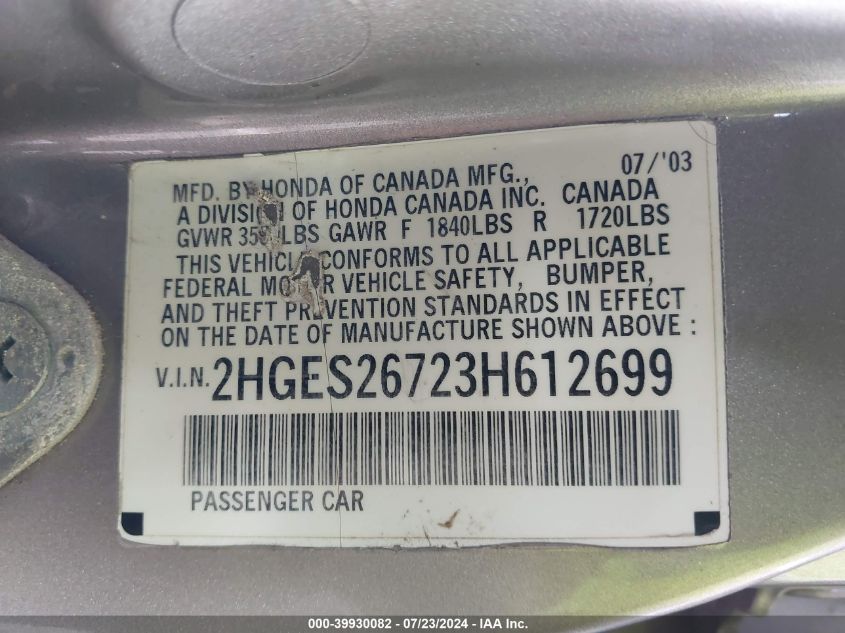 2003 Honda Civic Ex VIN: 2HGES26723H612699 Lot: 39930082