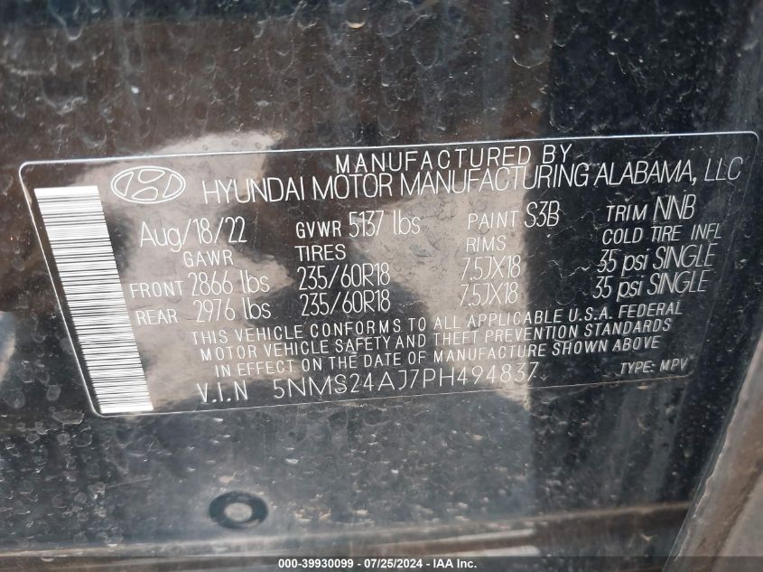 2023 Hyundai Santa Fe Sel VIN: 5NMS24AJ7PH494837 Lot: 39930099