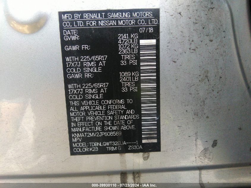 2018 Nissan Rogue Sv VIN: KNMAT2MV2JP608589 Lot: 39930110