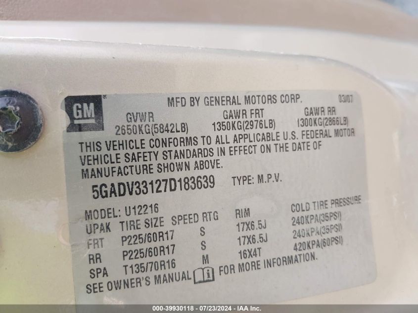 2007 Buick Terraza Cxl VIN: 5GADV33127D183639 Lot: 39930118