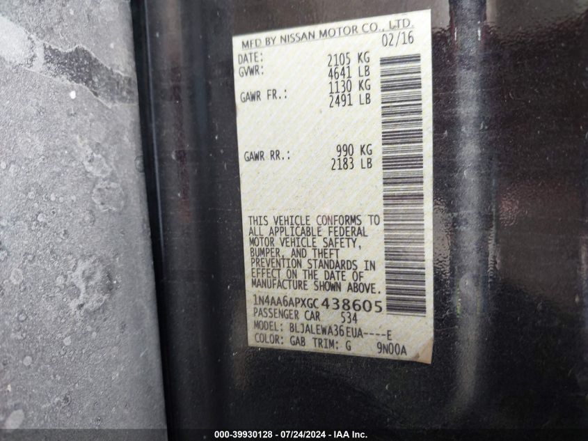 2016 Nissan Maxima 3.5 Sl VIN: 1N4AA6APXGC438605 Lot: 39930128