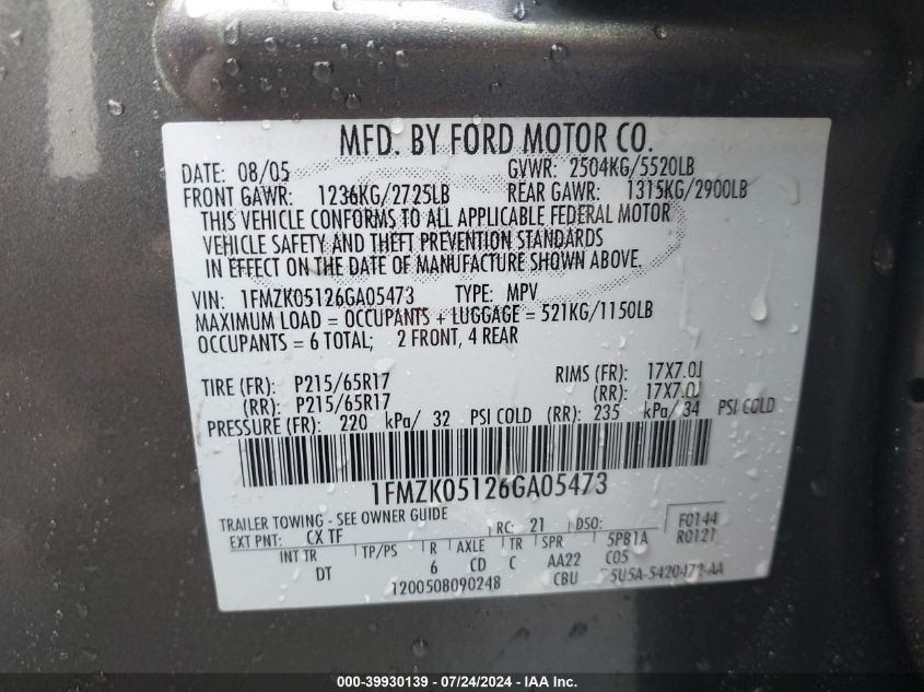 2006 Ford Freestyle Sel VIN: 1FMZK05126GA05473 Lot: 39930139